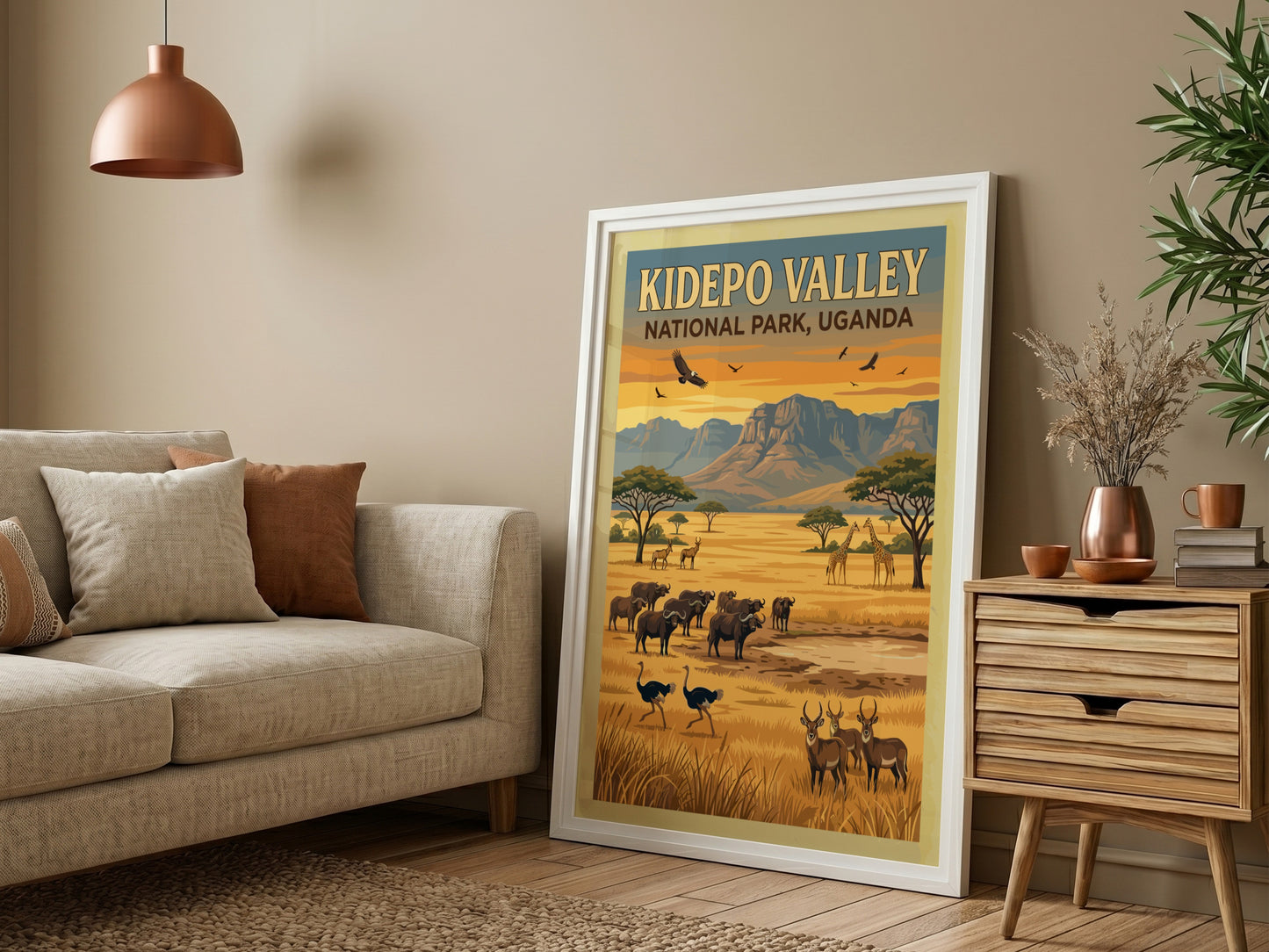 Kidepo Valley poster featuring wildlife and warm colors, nature landscape art for home decor