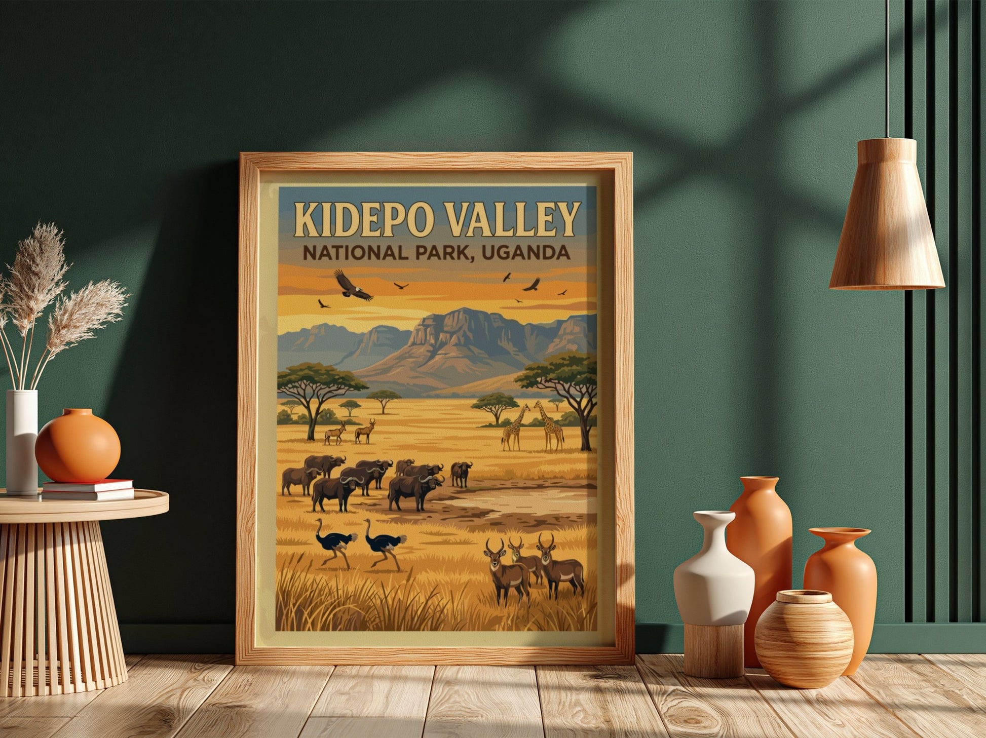 Kidepo Valley poster featuring wildlife and warm colors, nature landscape art for home decor
