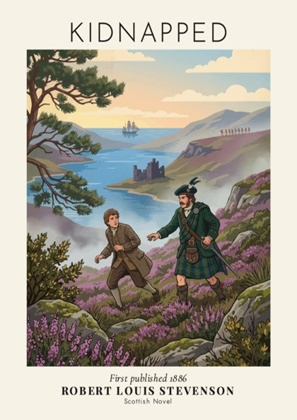 Poster featuring Robert Louis Stevenson's Kidnapped with a highland landscape and two figures walking.