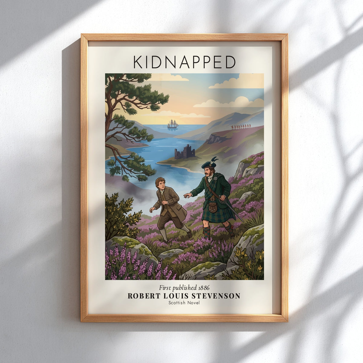 Poster featuring Robert Louis Stevenson's Kidnapped with a highland landscape and two figures walking.