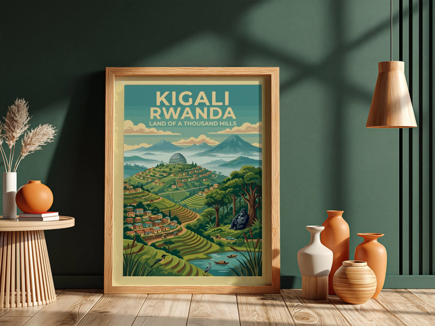 Travel poster of Kigali Rwanda showing terraced hills, mountain peaks, and a gorilla.