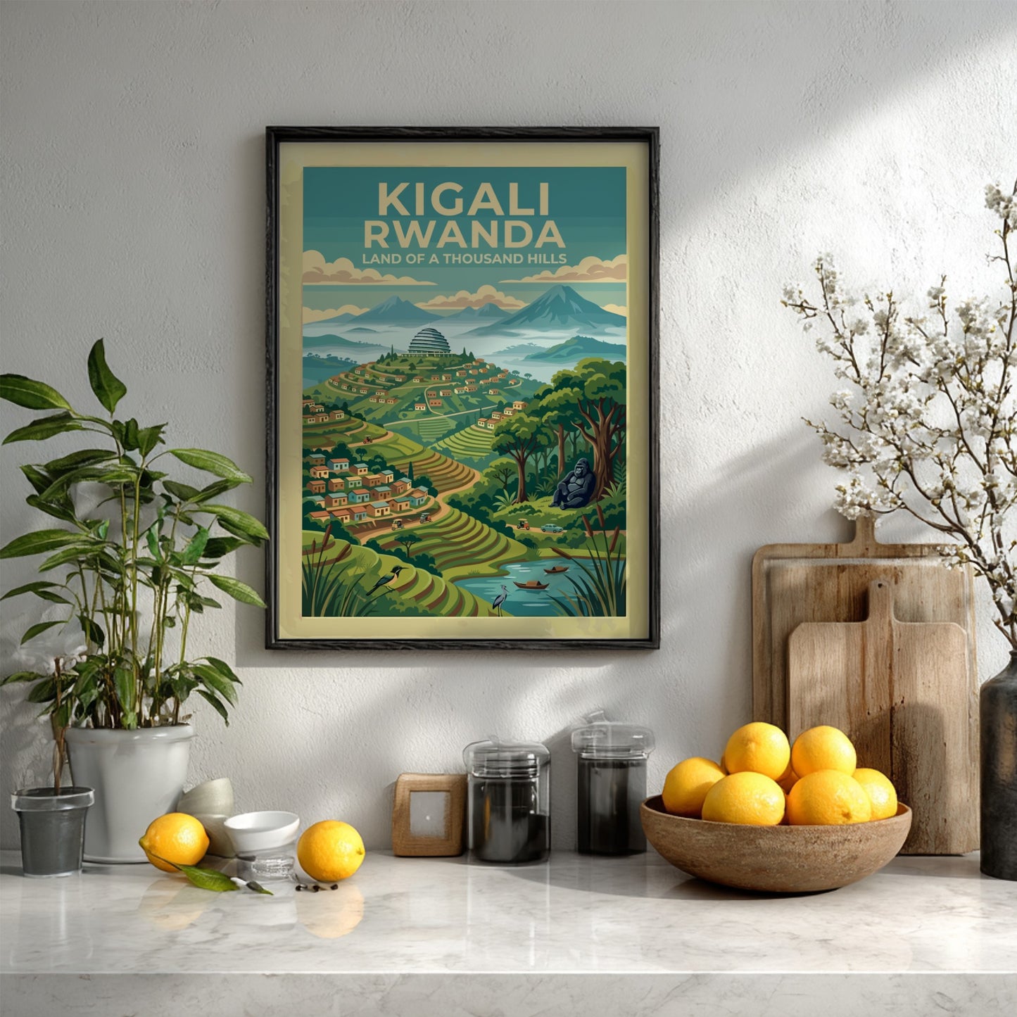 Travel poster of Kigali Rwanda showing terraced hills, mountain peaks, and a gorilla.