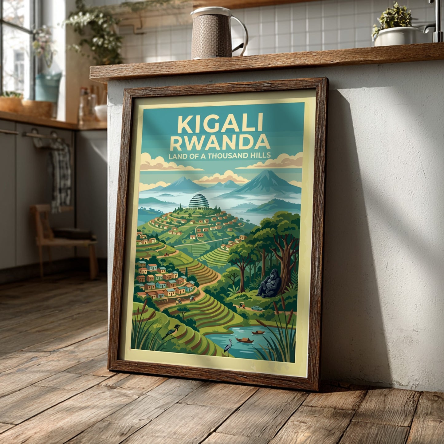 Travel poster of Kigali Rwanda showing terraced hills, mountain peaks, and a gorilla.