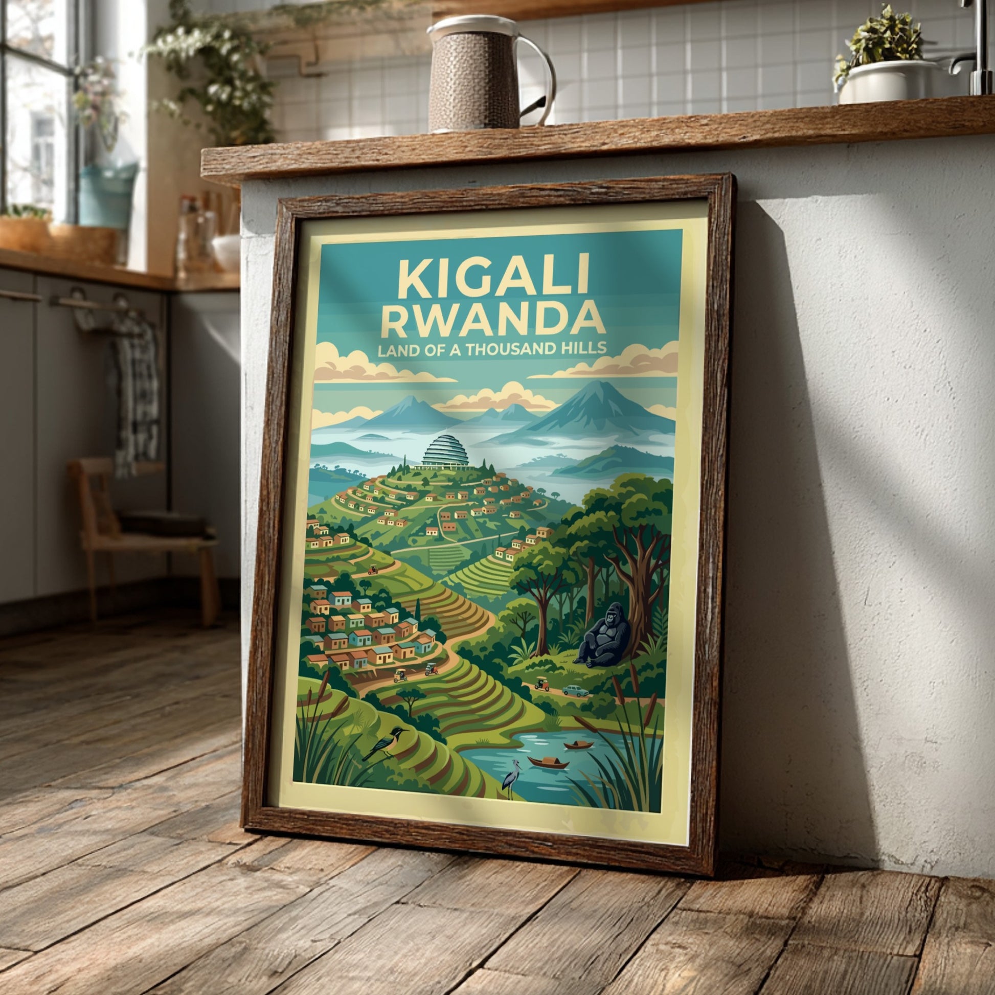 Travel poster of Kigali Rwanda showing terraced hills, mountain peaks, and a gorilla.