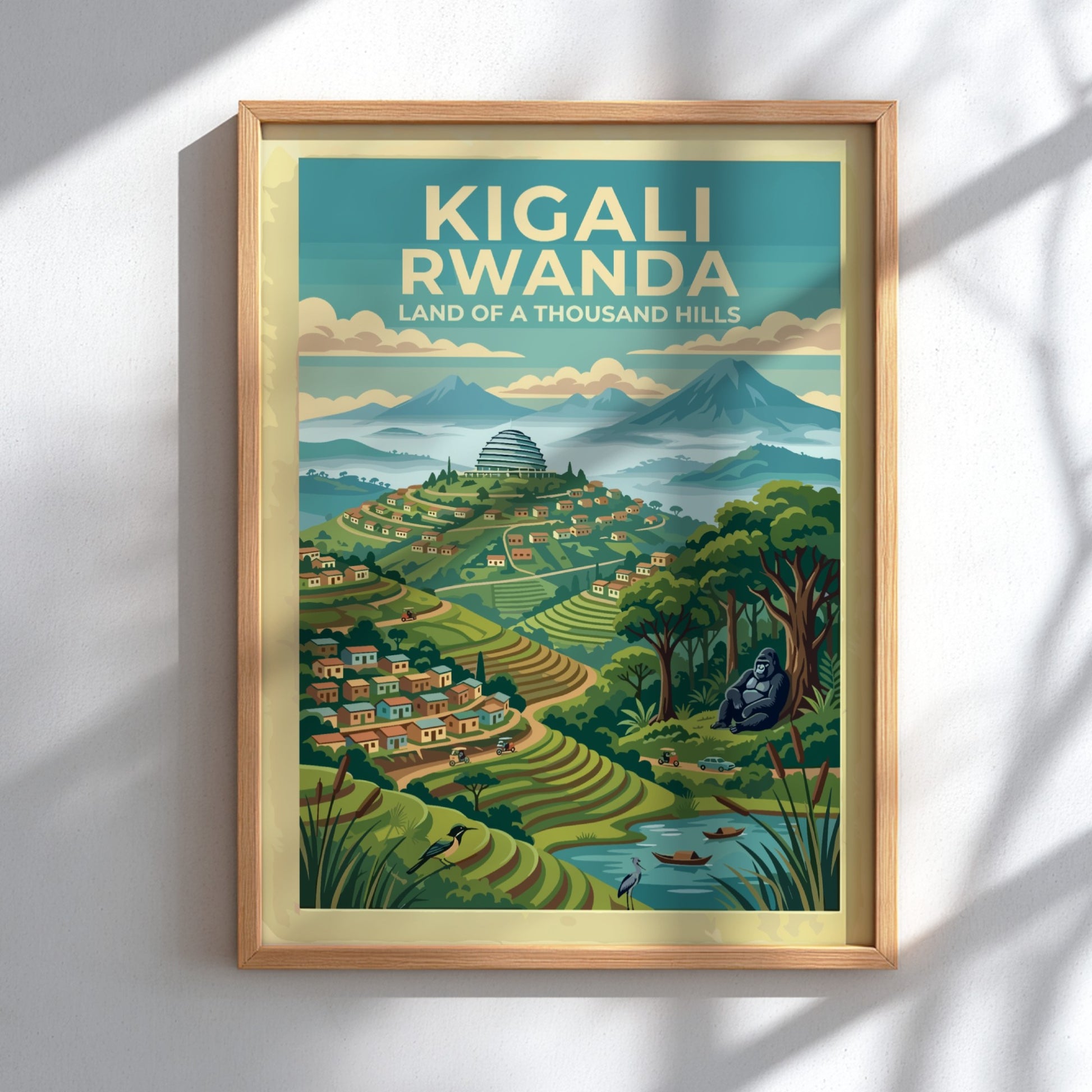 Travel poster of Kigali Rwanda showing terraced hills, mountain peaks, and a gorilla.