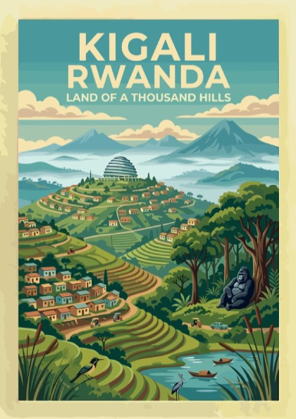 Travel poster of Kigali Rwanda showing terraced hills, mountain peaks, and a gorilla.