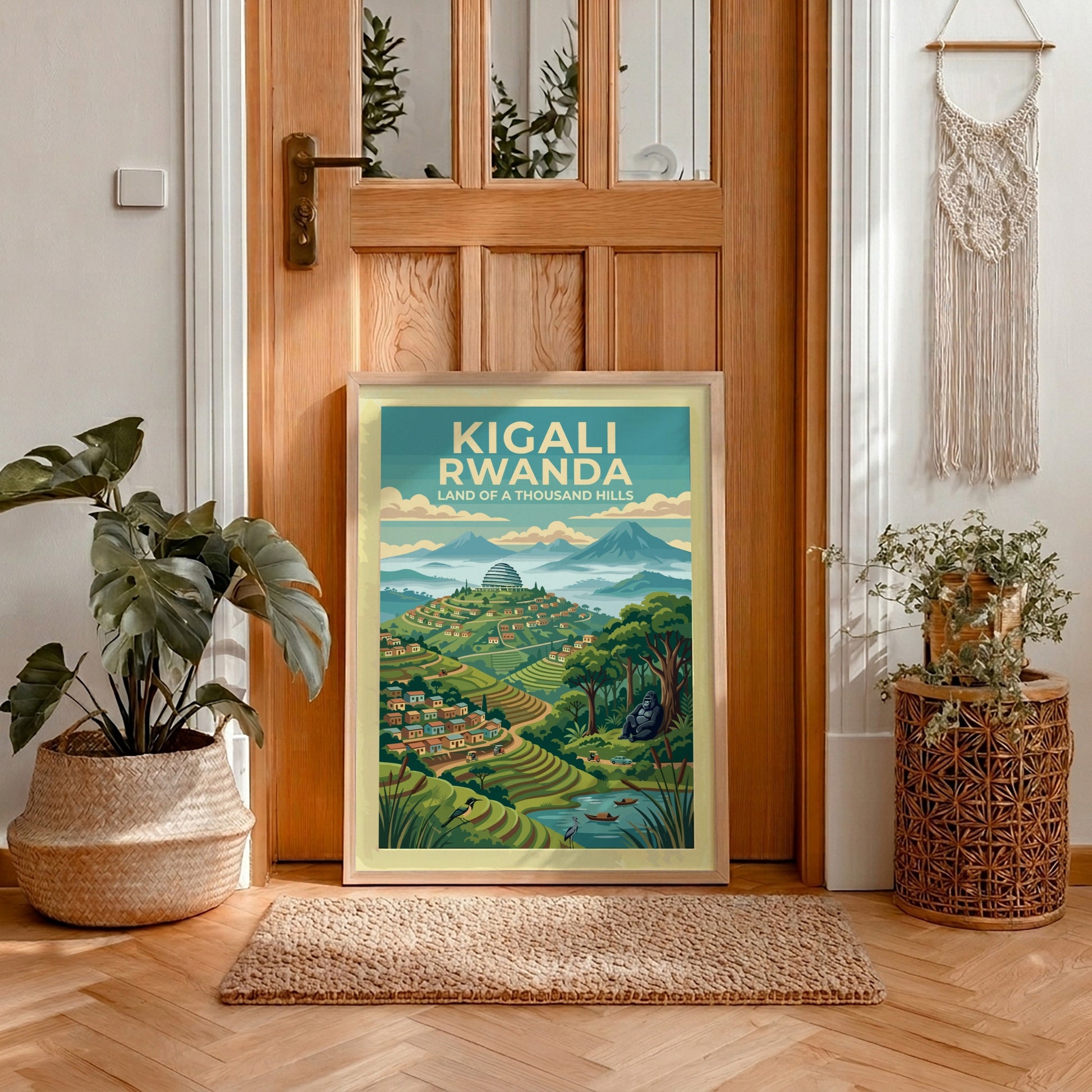 Travel poster of Kigali Rwanda showing terraced hills, mountain peaks, and a gorilla.