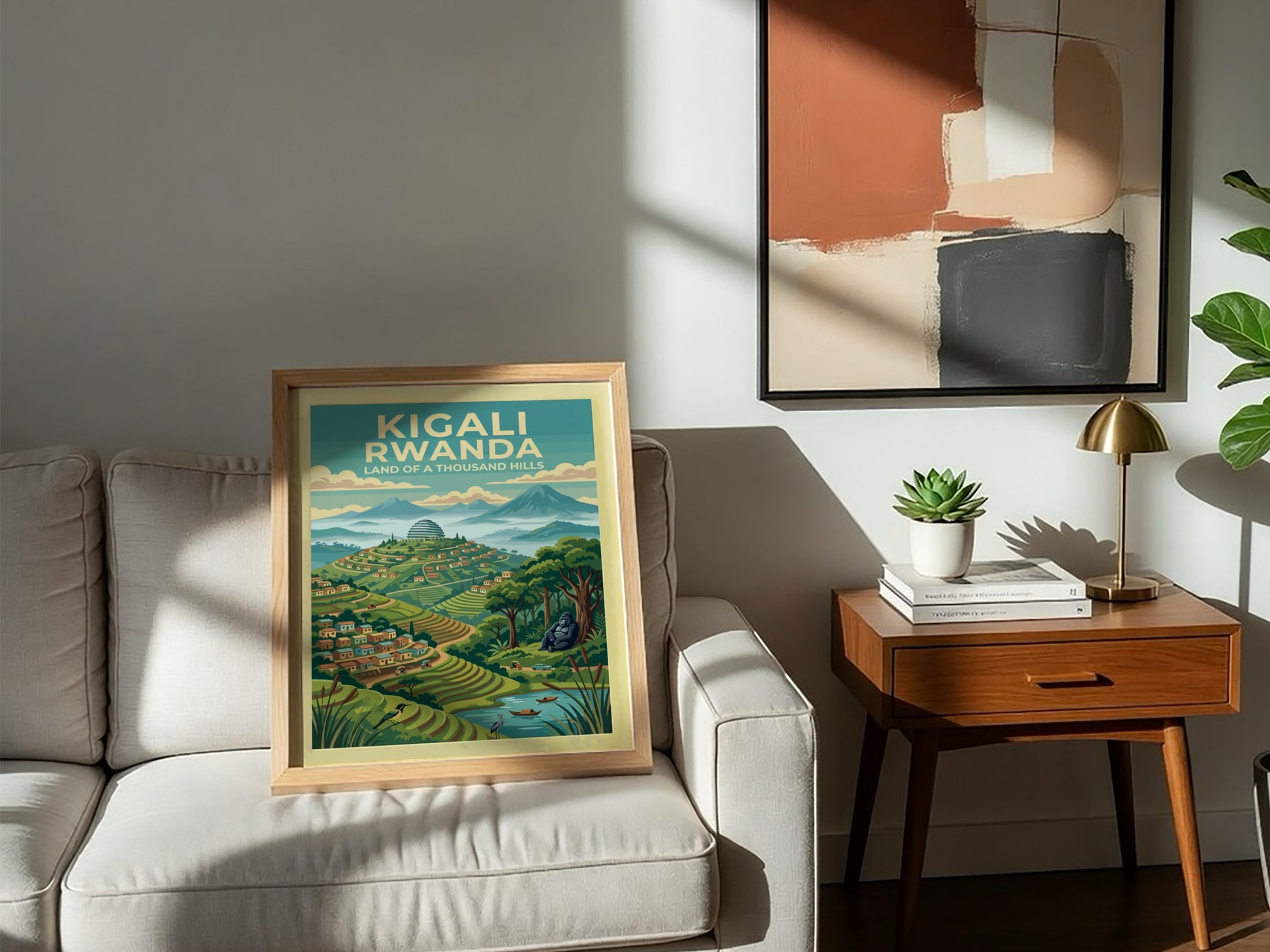 Travel poster of Kigali Rwanda showing terraced hills, mountain peaks, and a gorilla.