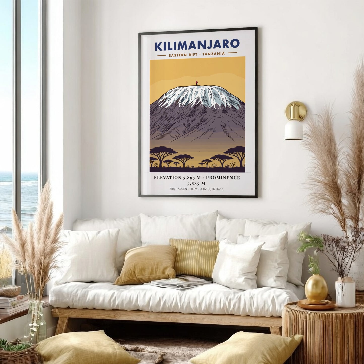 Kilimanjaro poster featuring a snowy mountain peak above acacia trees in a minimalist style.