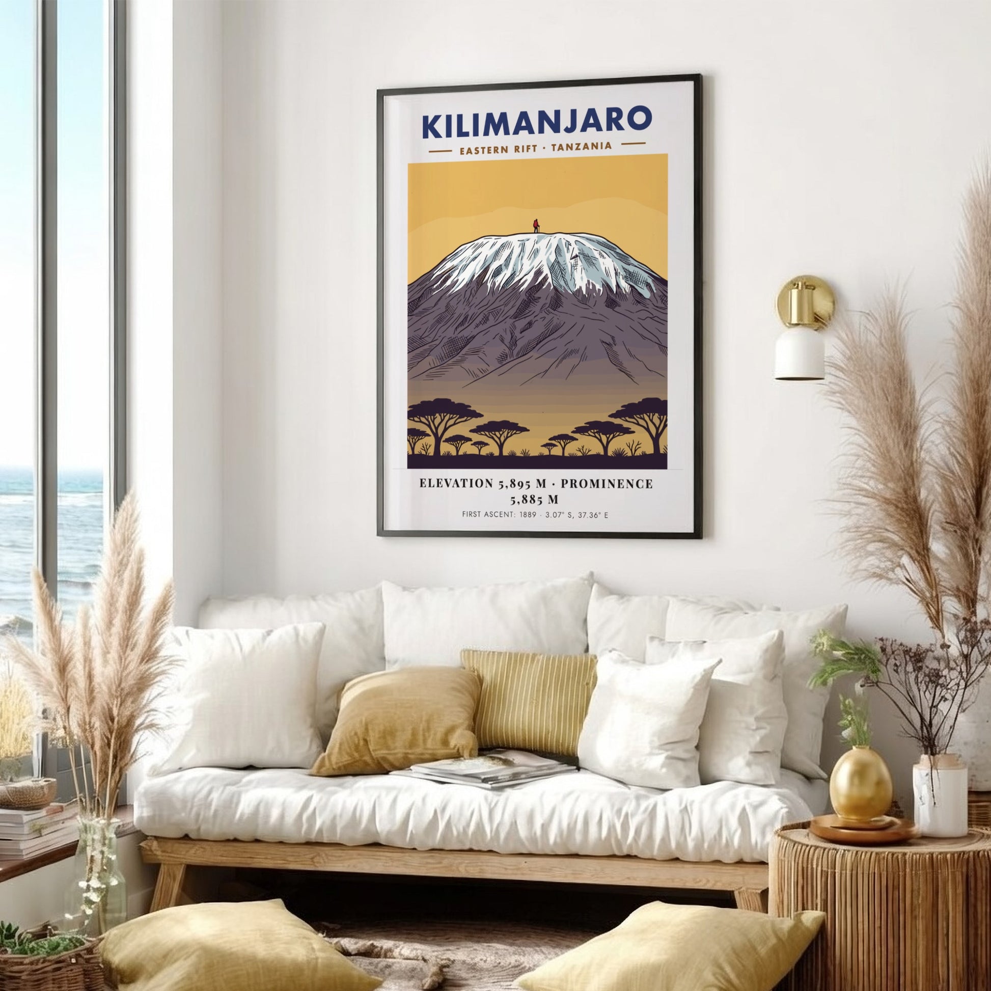 Kilimanjaro poster featuring a snowy mountain peak above acacia trees in a minimalist style.