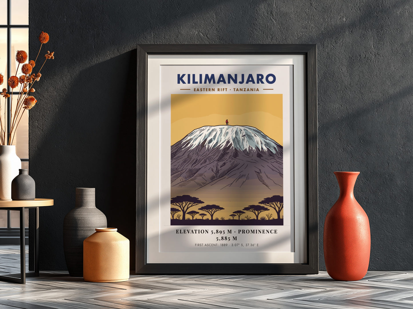 Kilimanjaro poster featuring a snowy mountain peak above acacia trees in a minimalist style.