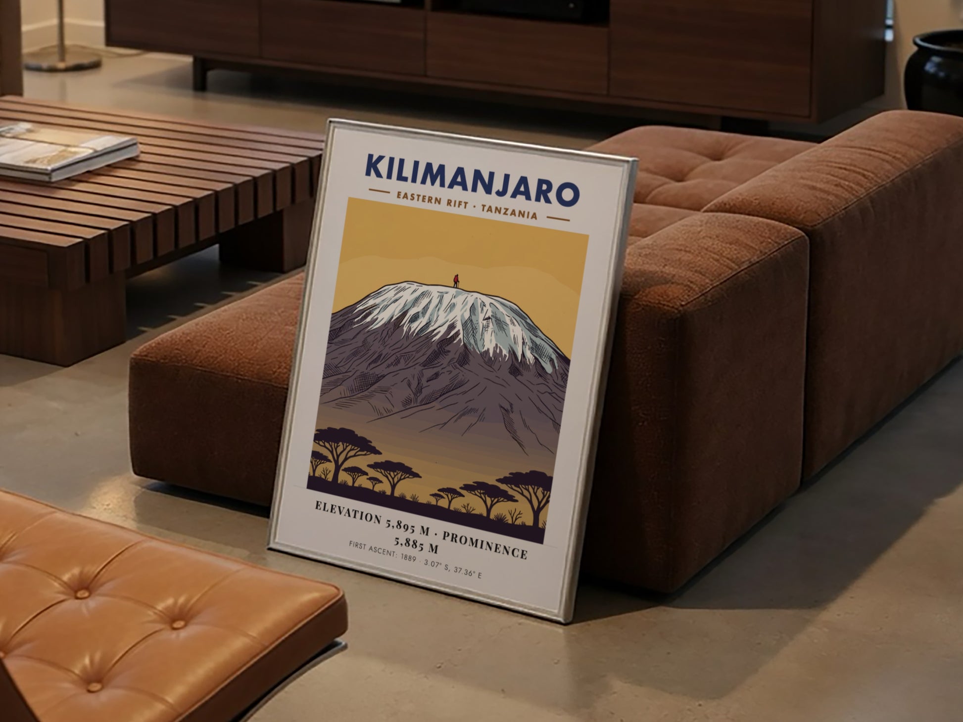 Kilimanjaro poster featuring a snowy mountain peak above acacia trees in a minimalist style.