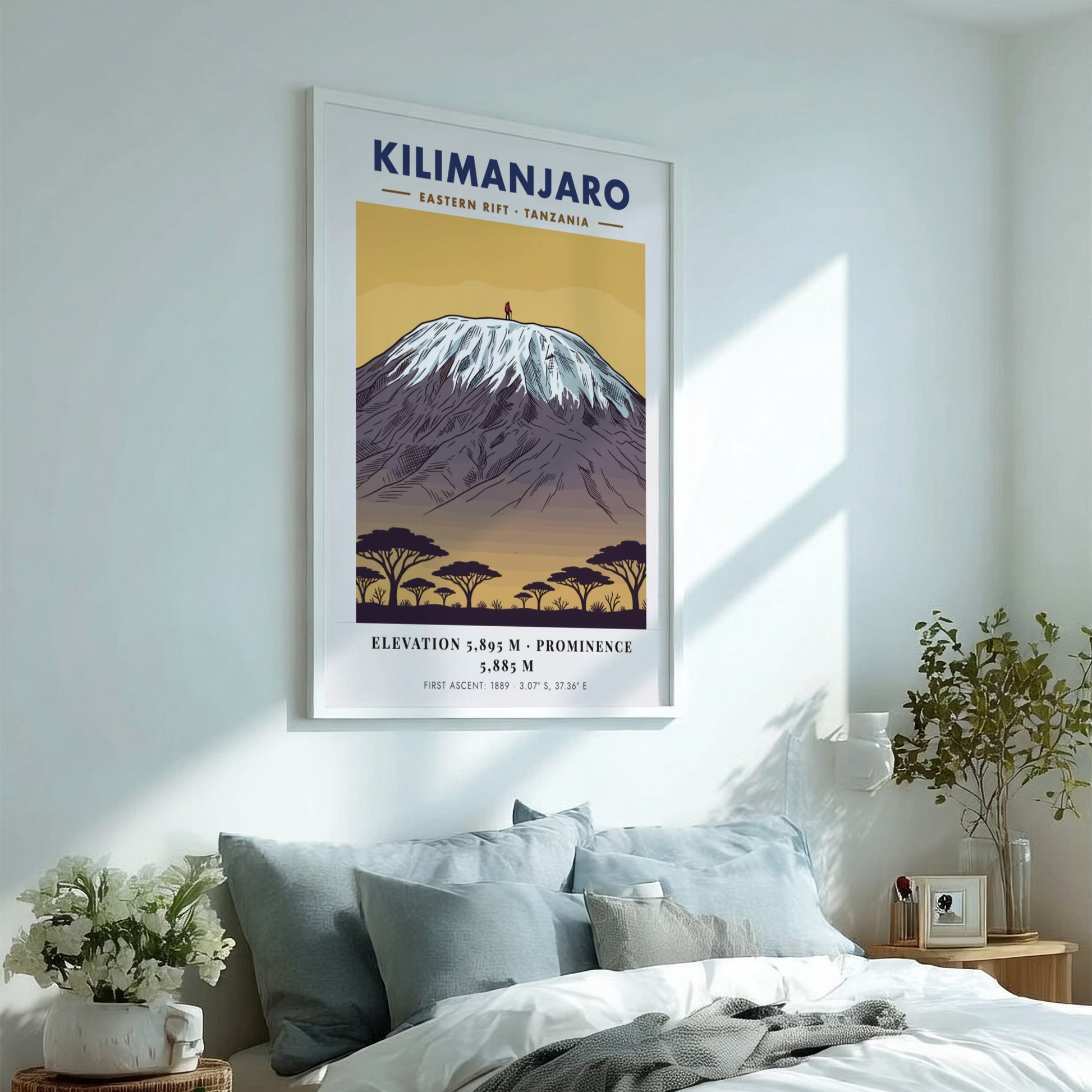 Kilimanjaro poster featuring a snowy mountain peak above acacia trees in a minimalist style.