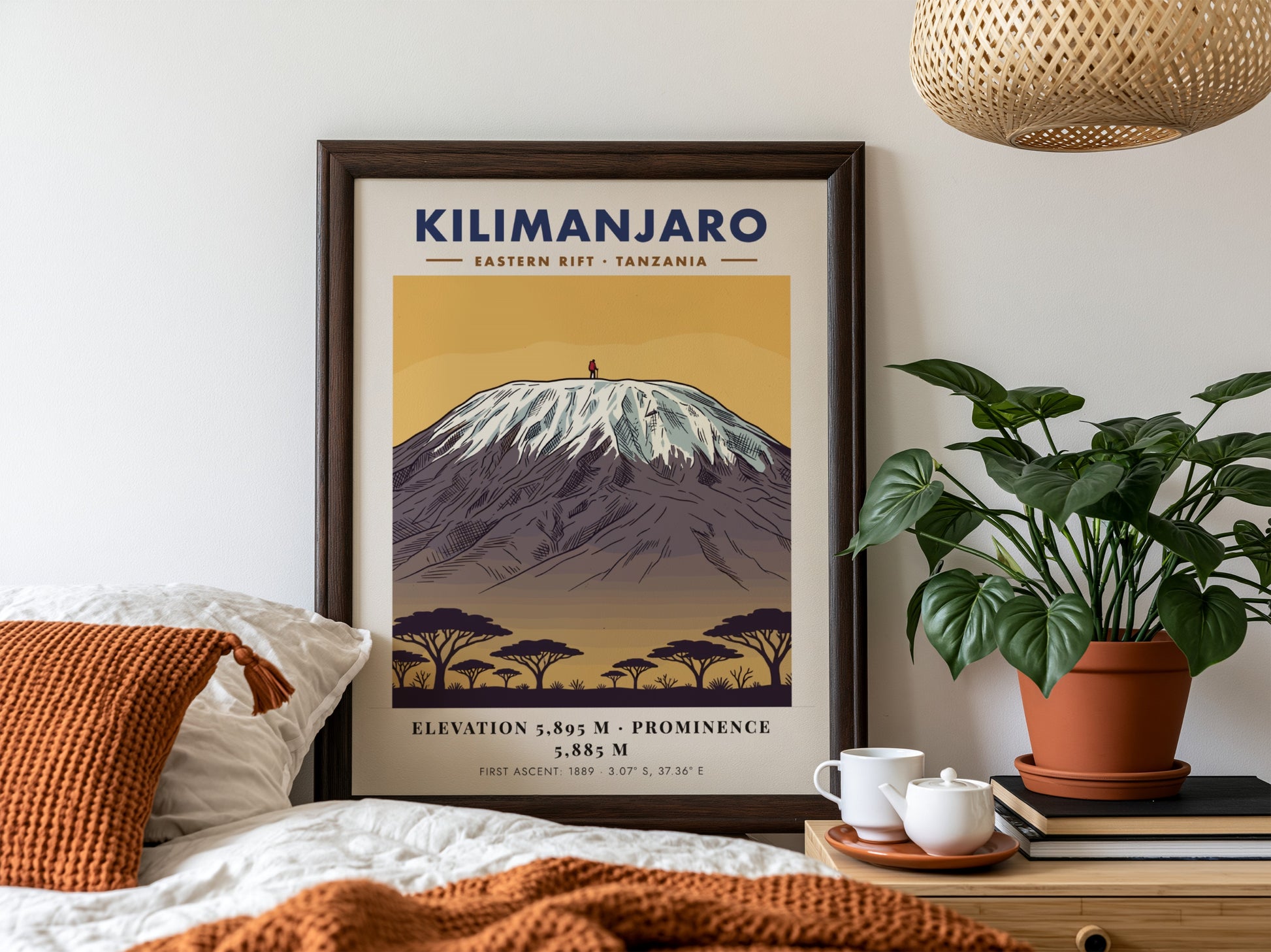 Kilimanjaro poster featuring a snowy mountain peak above acacia trees in a minimalist style.