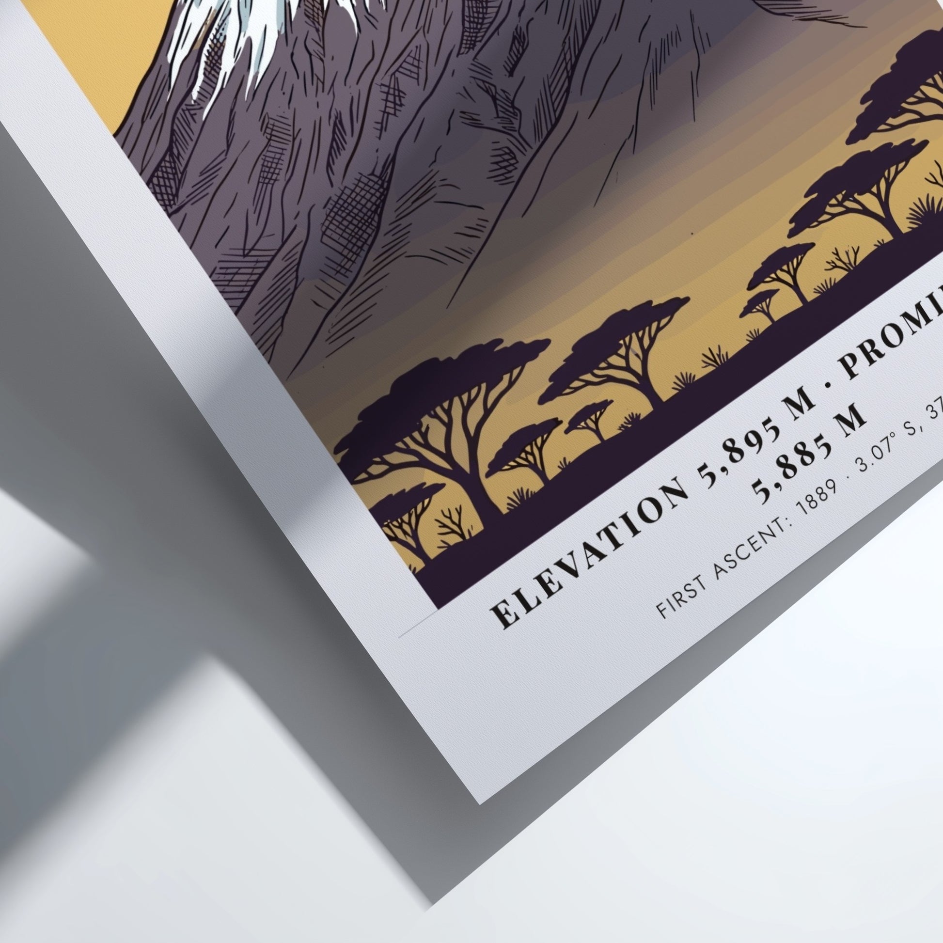 Kilimanjaro poster featuring a snowy mountain peak above acacia trees in a minimalist style.