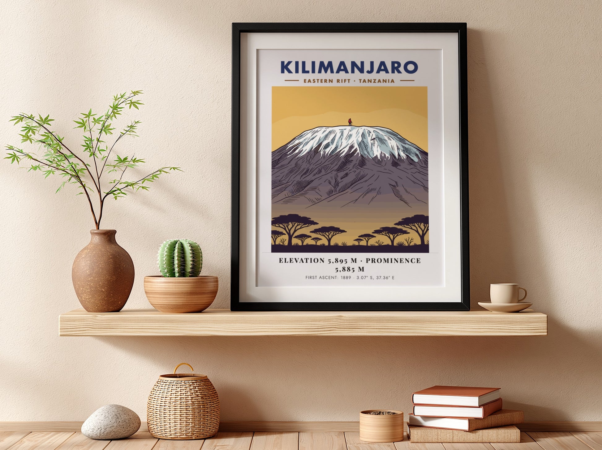 Kilimanjaro poster featuring a snowy mountain peak above acacia trees in a minimalist style.