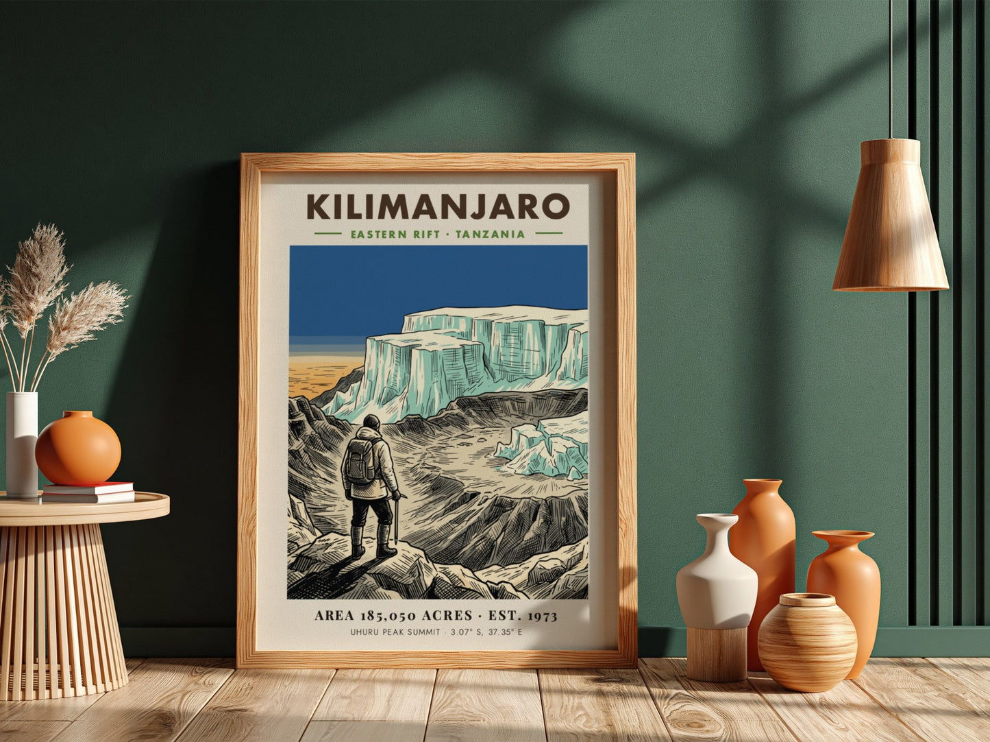 Poster of a hiker looking at the icy Kilimanjaro summit in Tanzania mountain landscape.