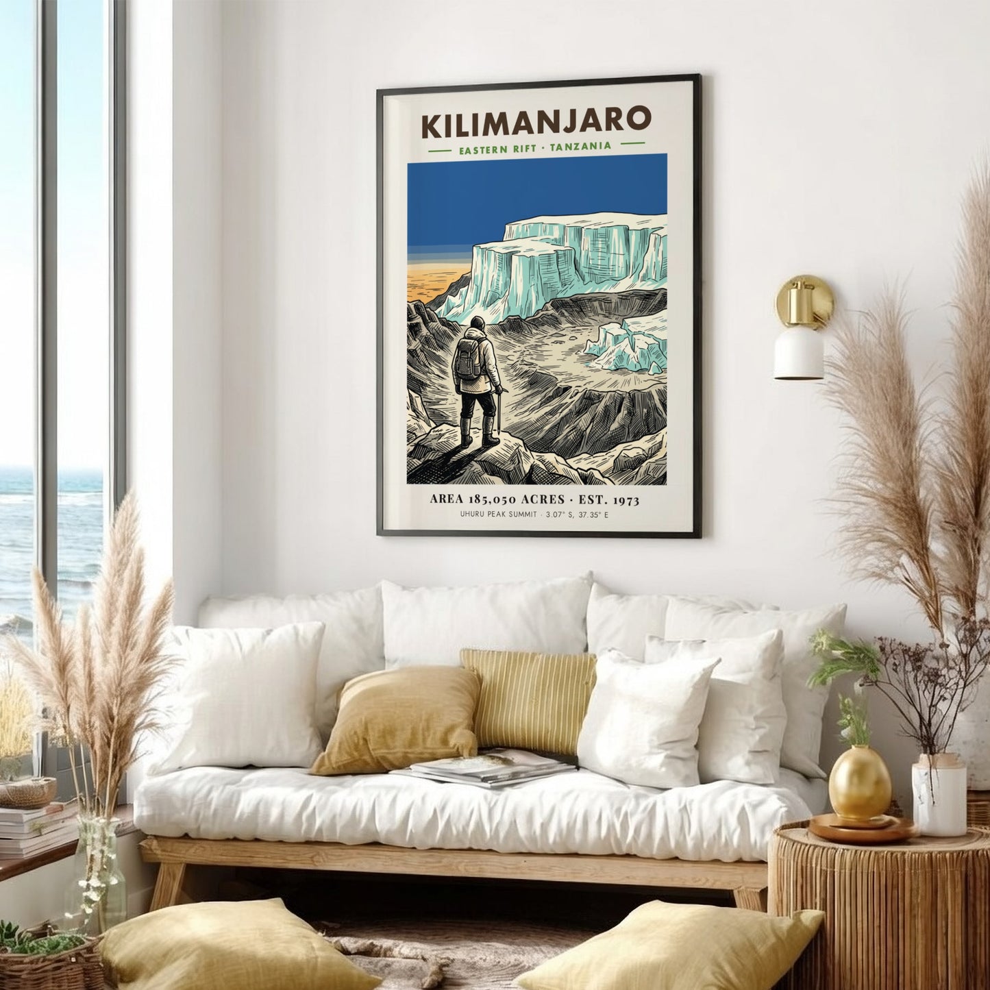 Poster of a hiker looking at the icy Kilimanjaro summit in Tanzania mountain landscape.