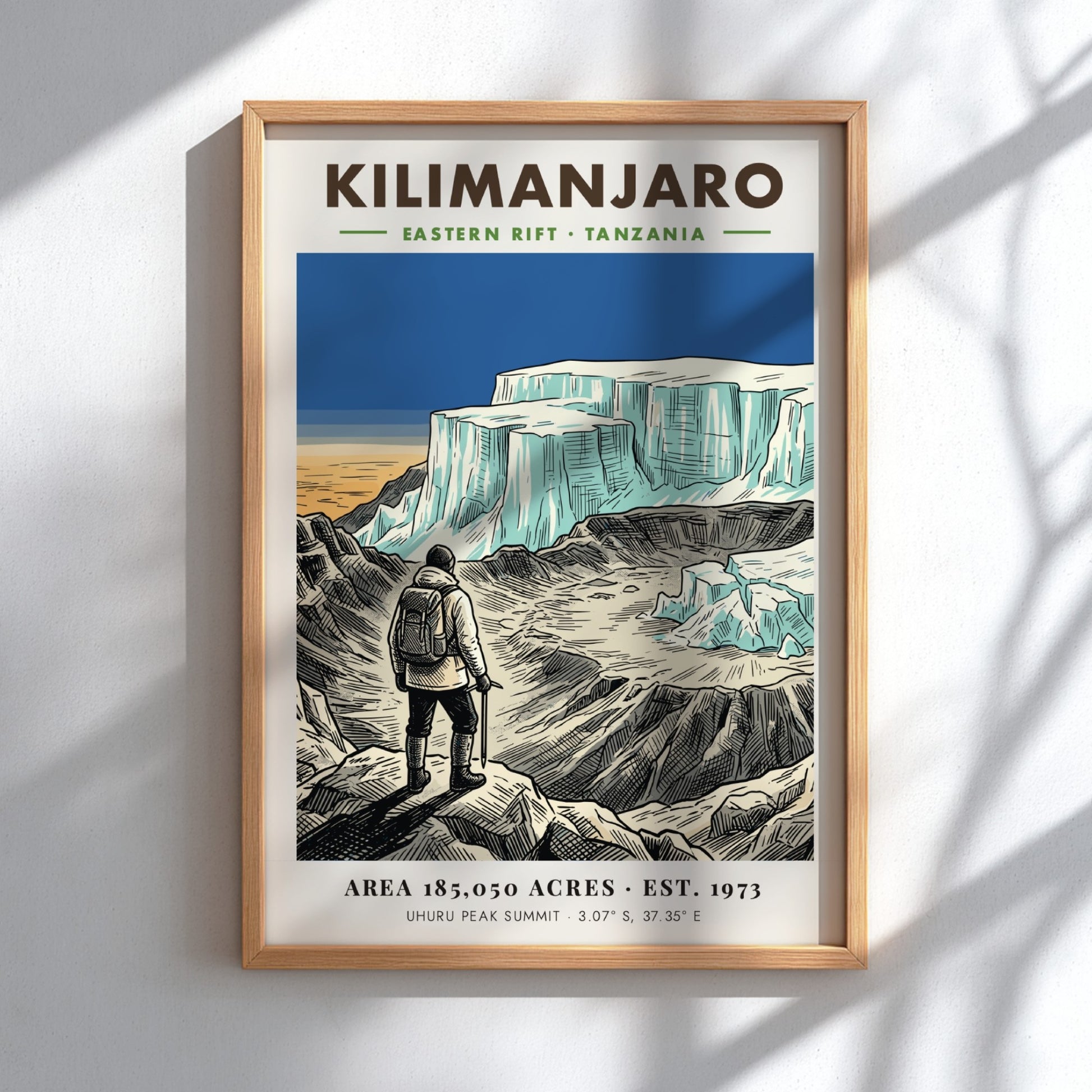 Poster of a hiker looking at the icy Kilimanjaro summit in Tanzania mountain landscape.