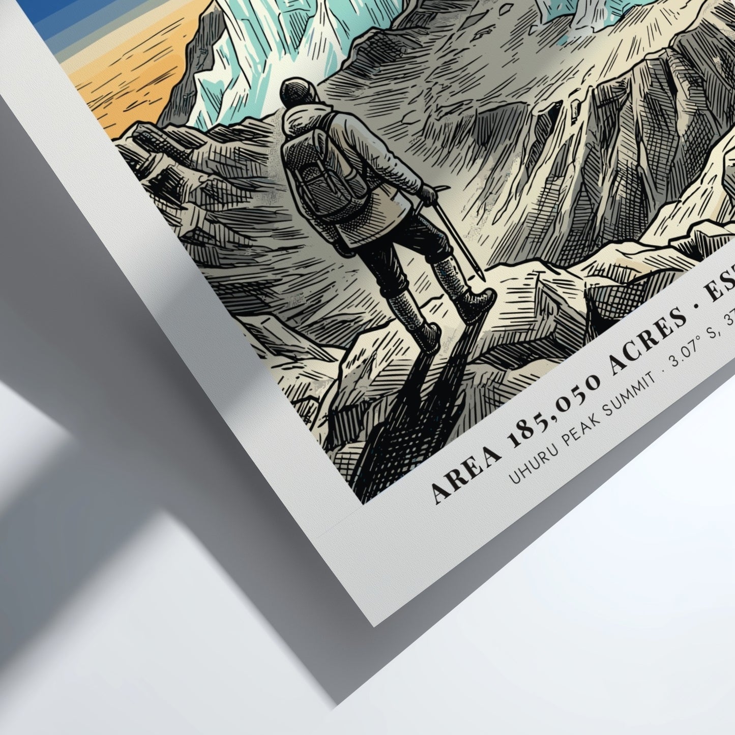 Poster of a hiker looking at the icy Kilimanjaro summit in Tanzania mountain landscape.