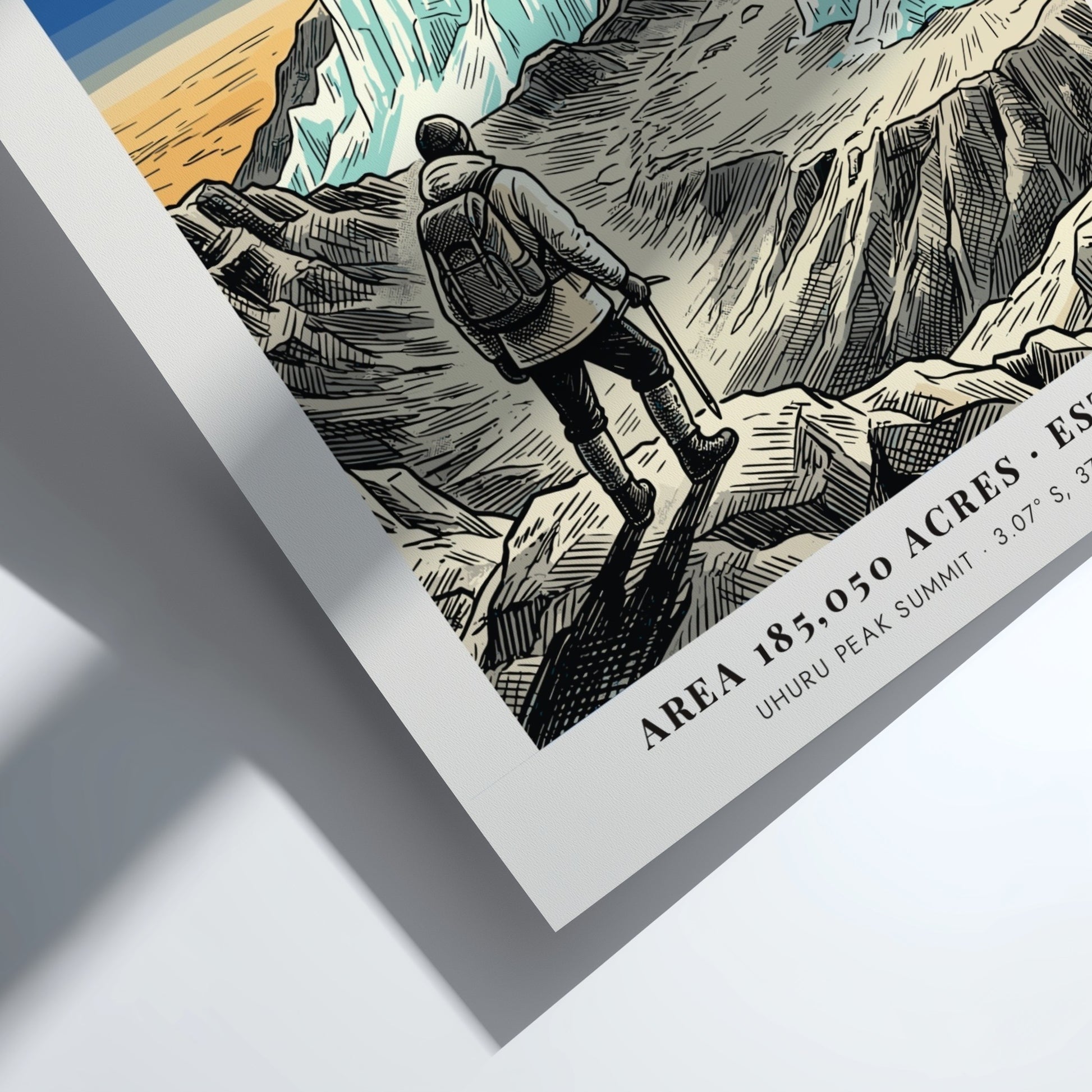 Poster of a hiker looking at the icy Kilimanjaro summit in Tanzania mountain landscape.