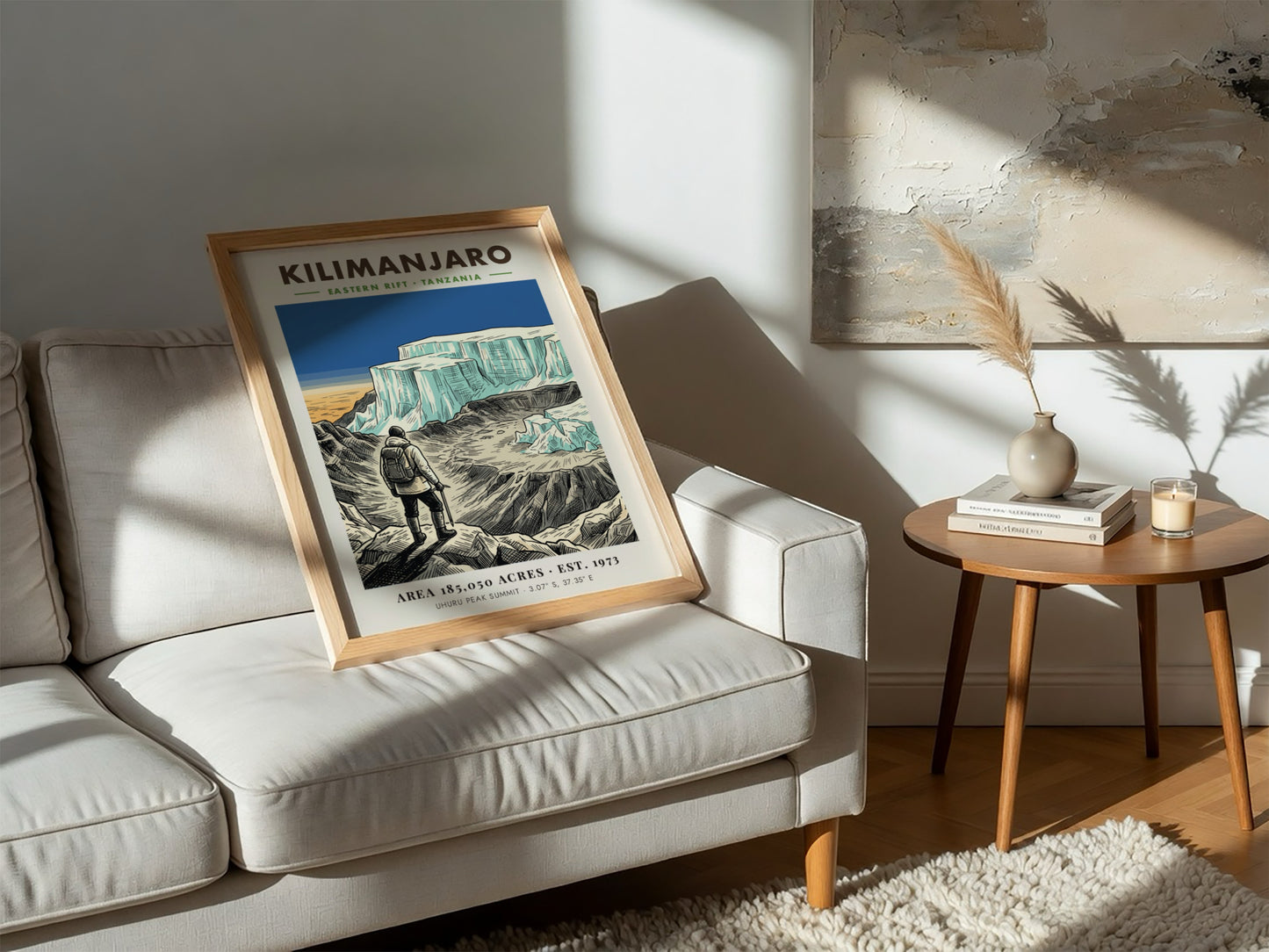 Poster of a hiker looking at the icy Kilimanjaro summit in Tanzania mountain landscape.
