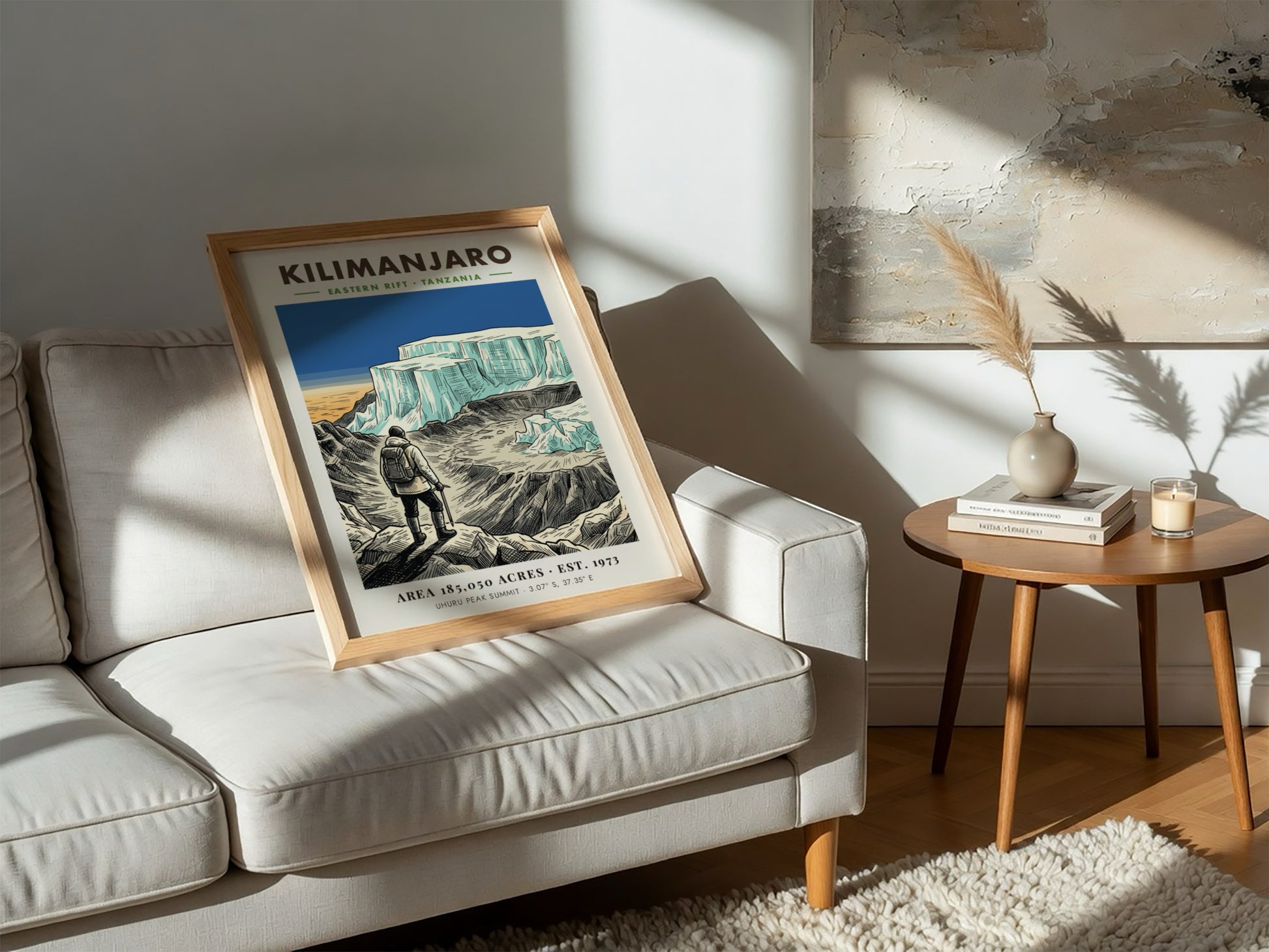 Poster of a hiker looking at the icy Kilimanjaro summit in Tanzania mountain landscape.