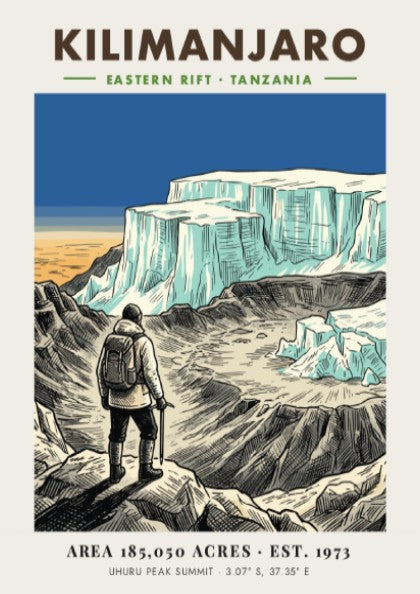 Poster of a hiker looking at the icy Kilimanjaro summit in Tanzania mountain landscape.