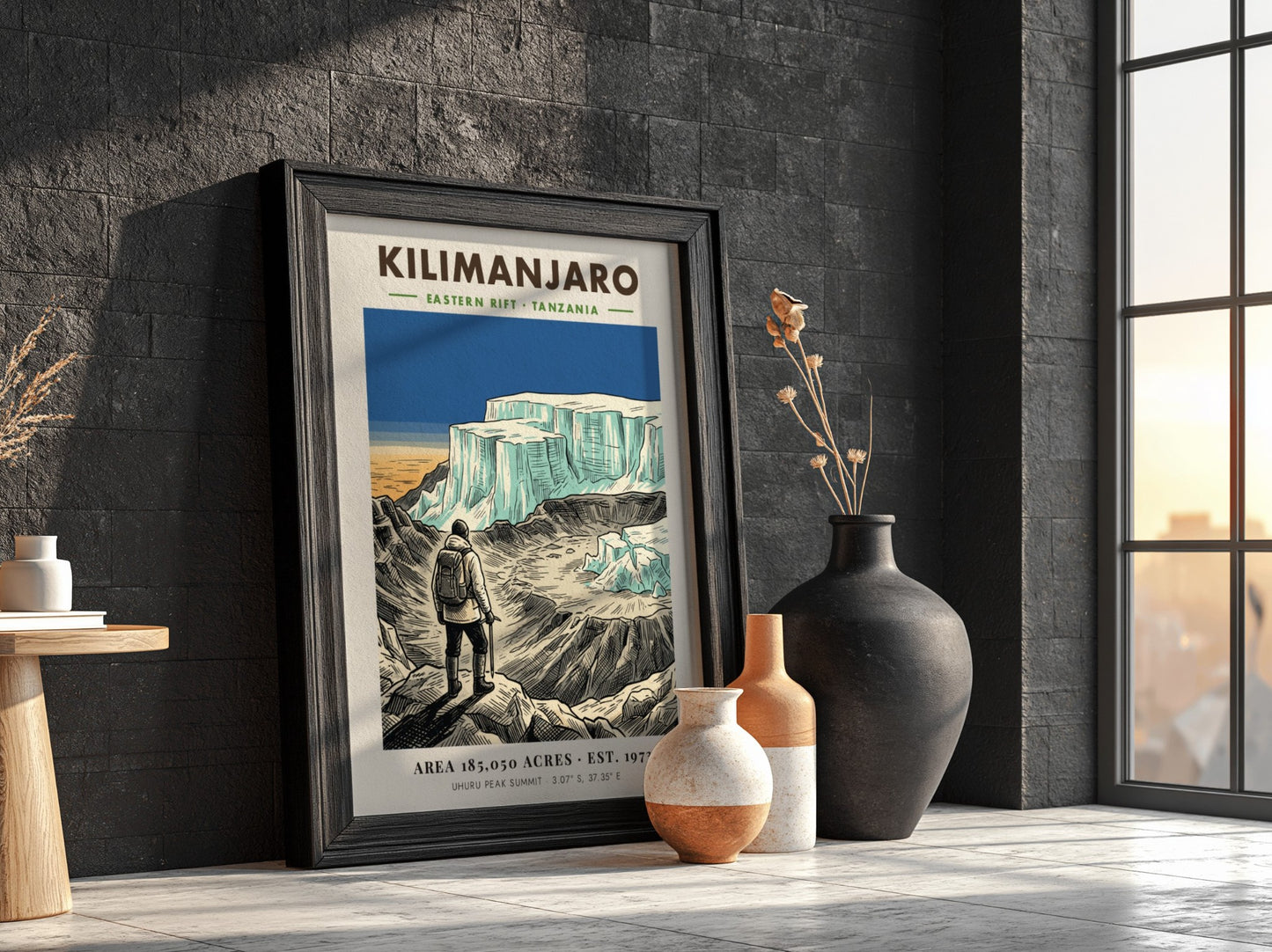 Poster of a hiker looking at the icy Kilimanjaro summit in Tanzania mountain landscape.