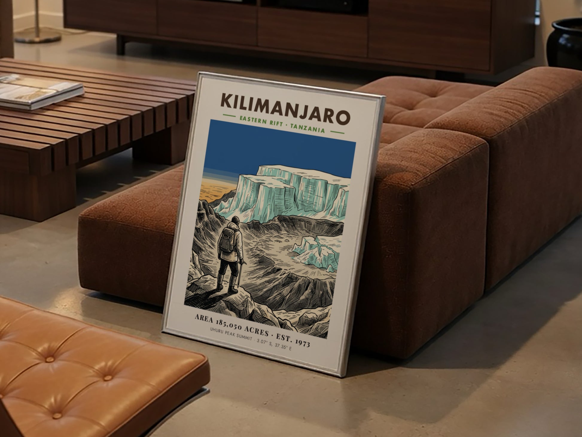 Poster of a hiker looking at the icy Kilimanjaro summit in Tanzania mountain landscape.