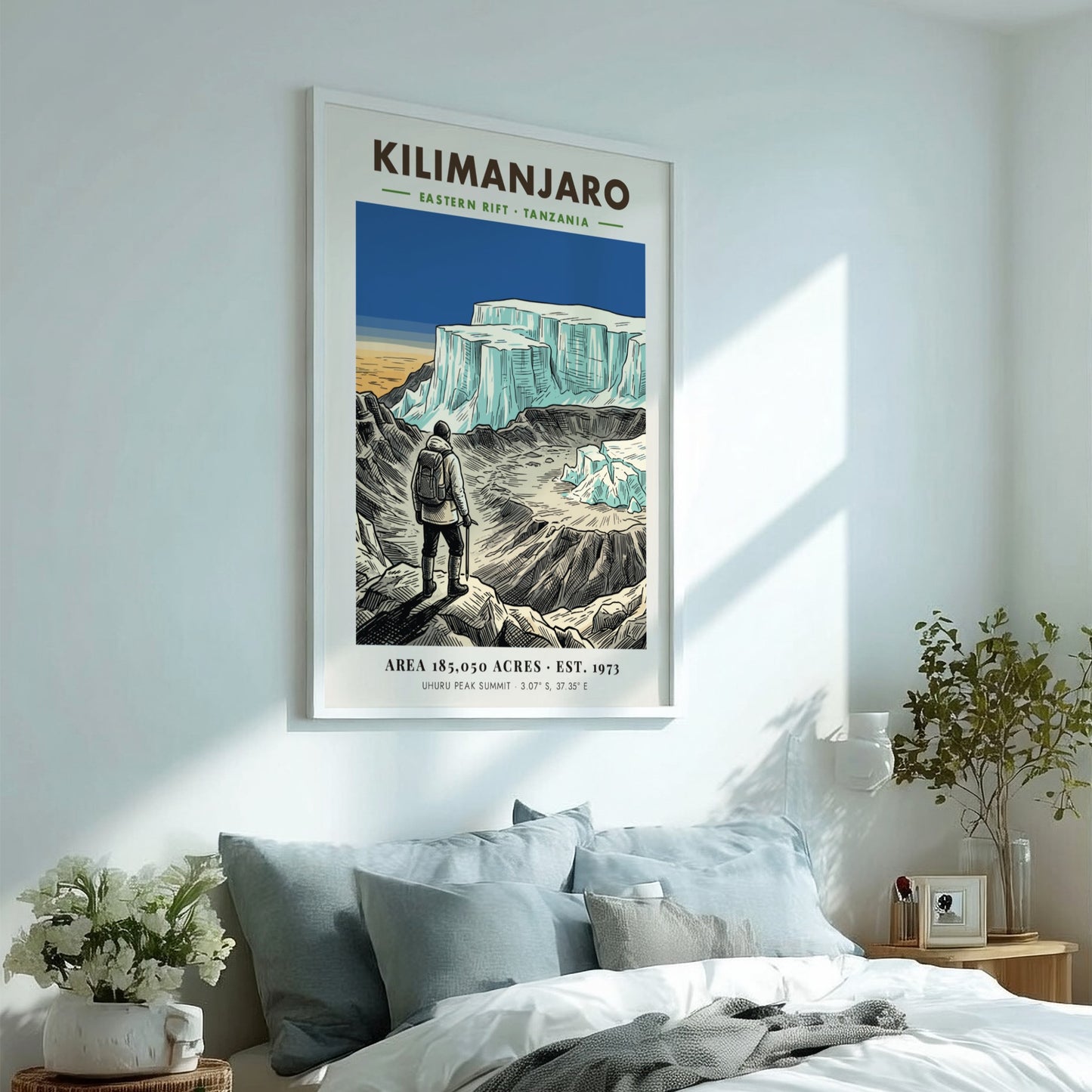 Poster of a hiker looking at the icy Kilimanjaro summit in Tanzania mountain landscape.