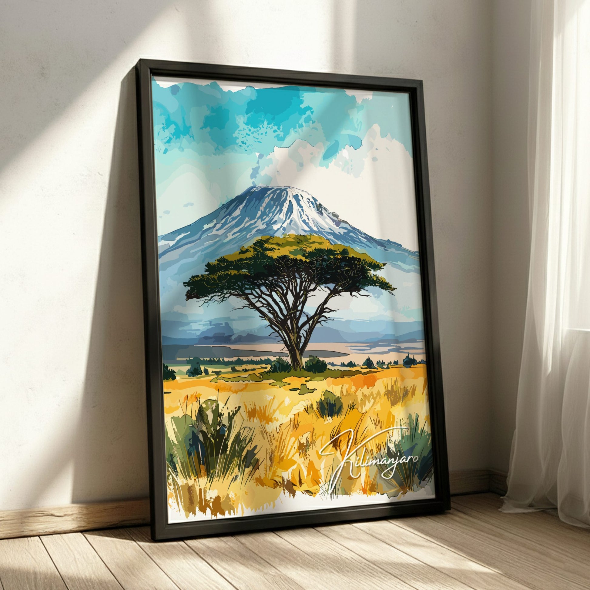 Framed artwork of a mountain landscape with a tree, signed by Klimanjar, on a light wooden floor.