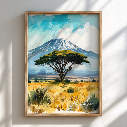 Framed artwork of a mountain landscape with a tree, signed 'Kilimanjaro'.