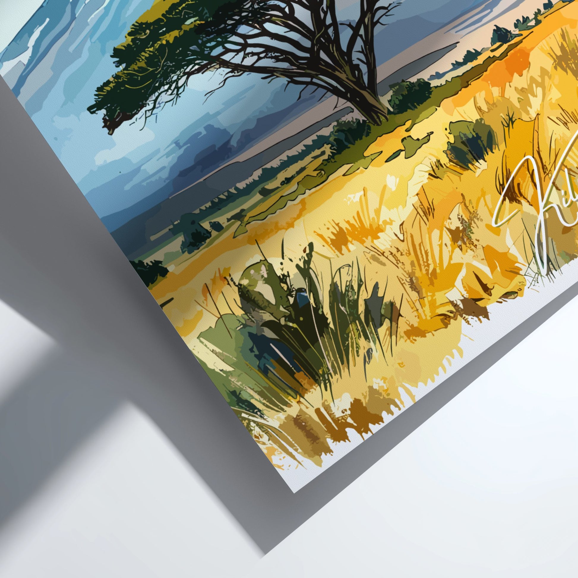 Artistic depiction of a landscape with trees and fields on a white background