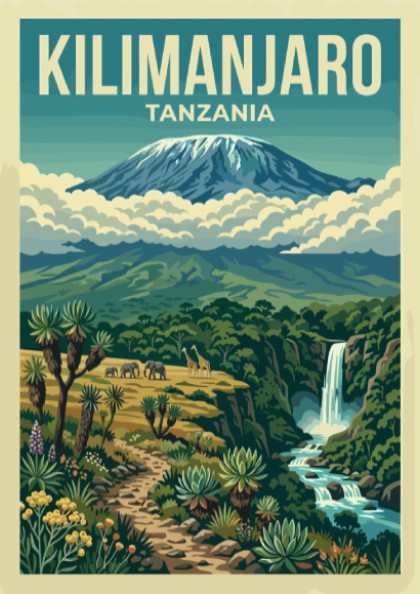 Kilimanjaro poster featuring vibrant colors, nature scene, and lush greenery for wall decor
