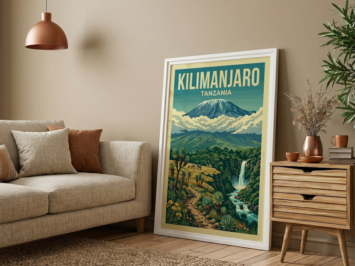 Kilimanjaro poster featuring vibrant colors, nature scene, and lush greenery for wall decor
