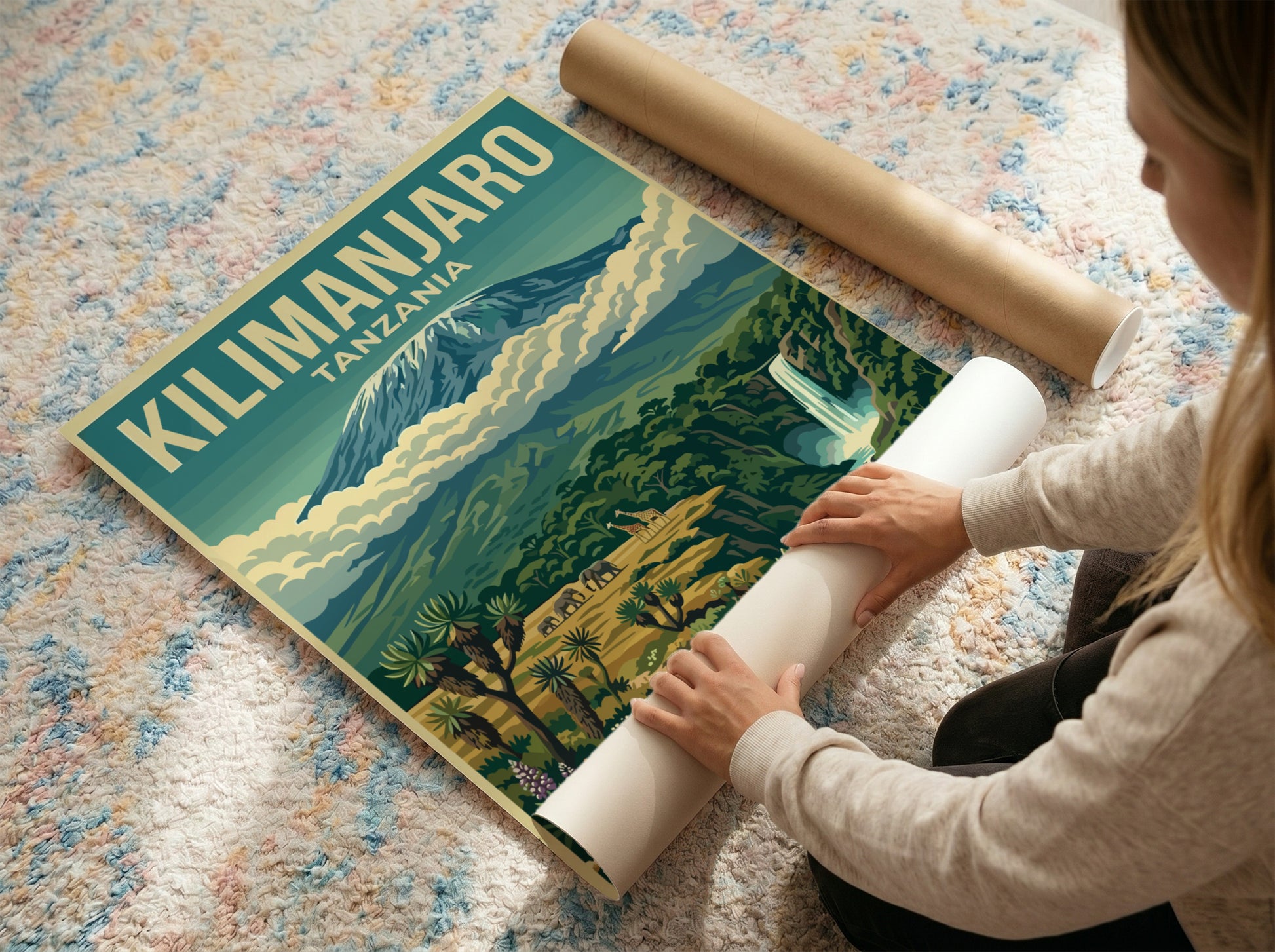 Kilimanjaro poster featuring vibrant colors, nature scene, and lush greenery for wall decor