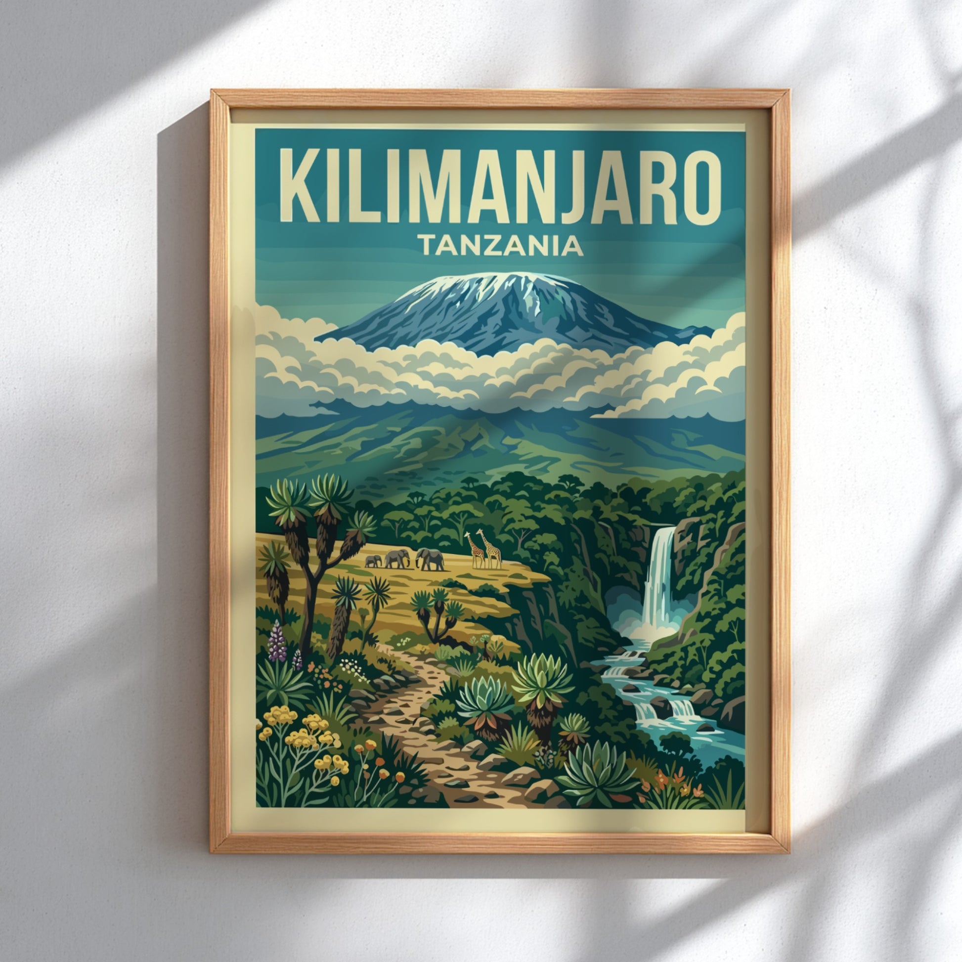 Kilimanjaro poster featuring vibrant colors, nature scene, and lush greenery for wall decor