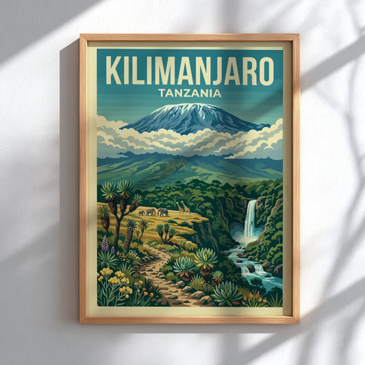 Kilimanjaro poster featuring vibrant colors, nature scene, and lush greenery for wall decor