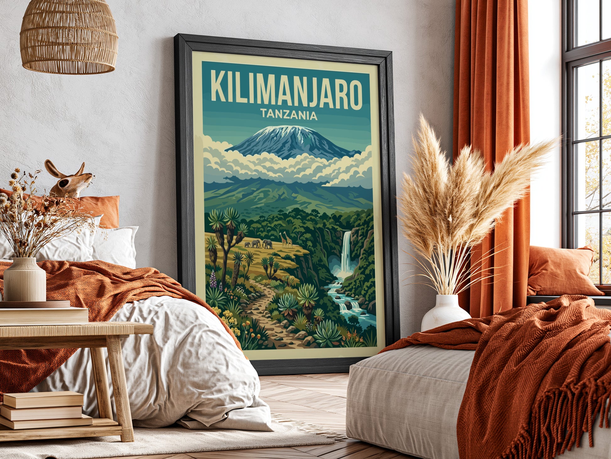 Kilimanjaro poster featuring vibrant colors, nature scene, and lush greenery for wall decor