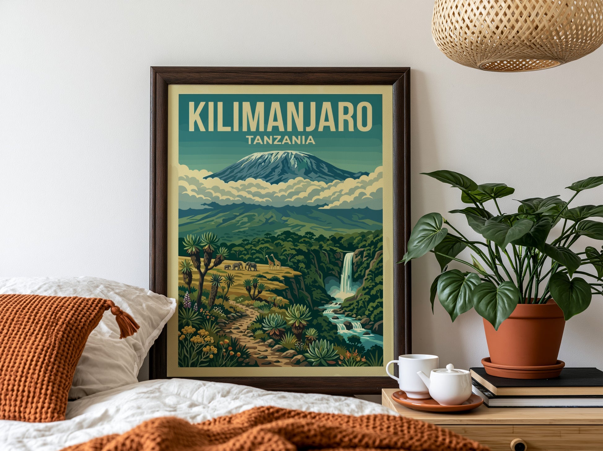 Kilimanjaro poster featuring vibrant colors, nature scene, and lush greenery for wall decor
