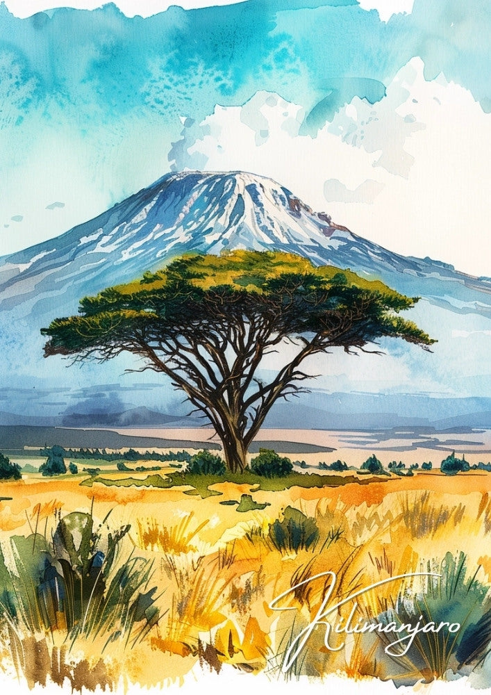 A vibrant poster featuring a watercolor illustration of Mount Kilimanjaro with a prominent tree in the foreground, set against a blue sky with white clouds.