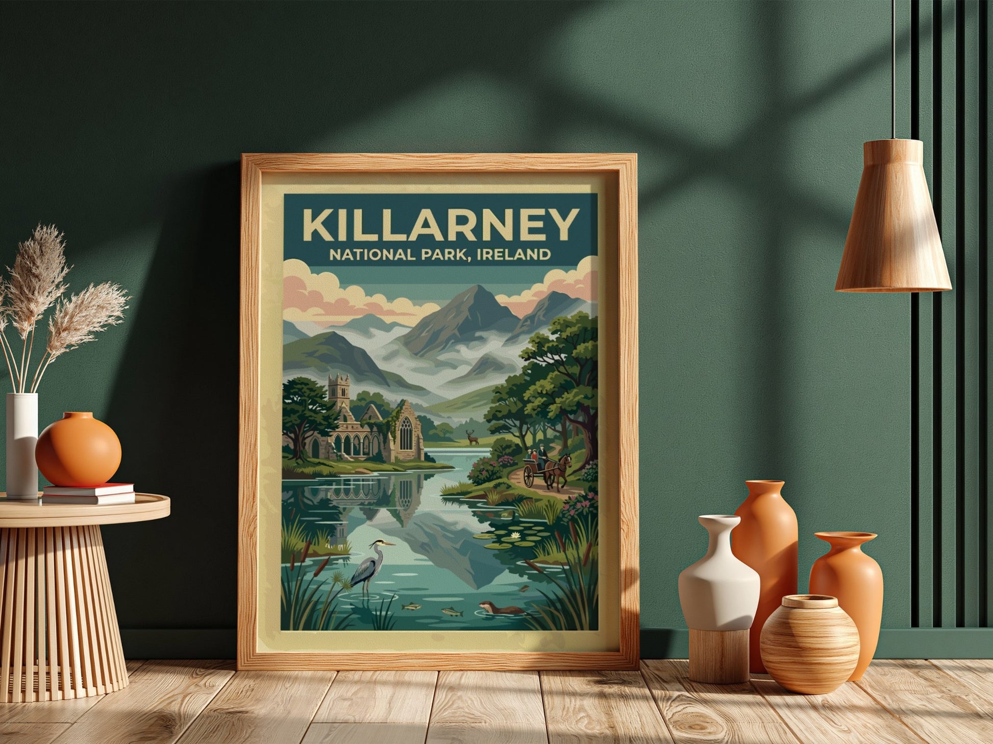 Travel poster of Killarney National Park featuring stone ruins mountains and a carriage