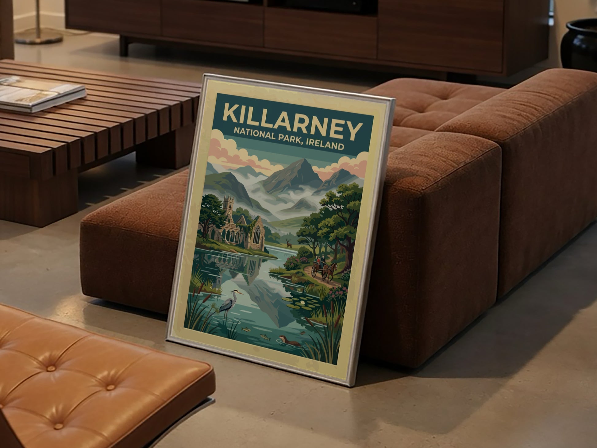 Travel poster of Killarney National Park featuring stone ruins mountains and a carriage