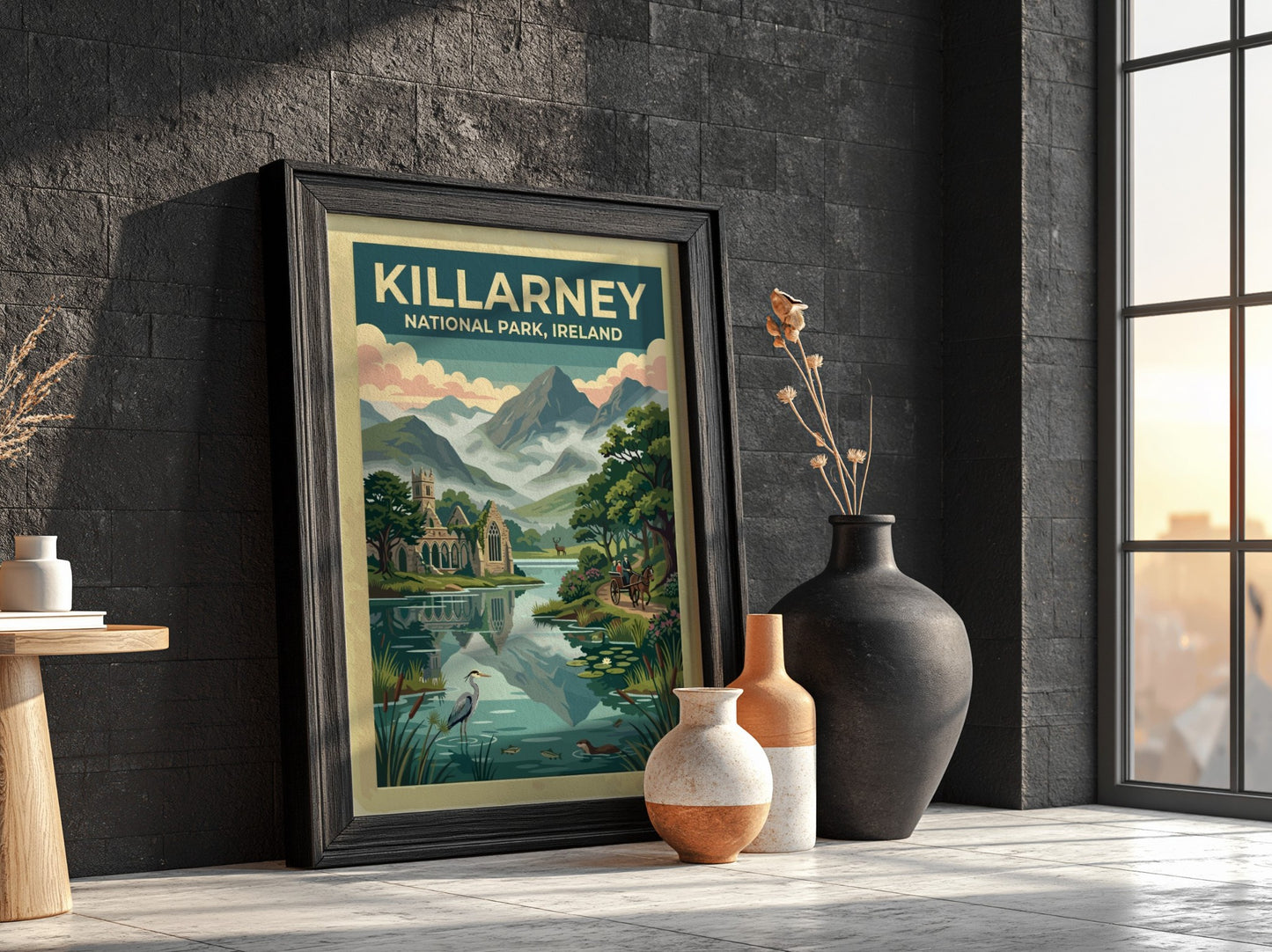 Travel poster of Killarney National Park featuring stone ruins mountains and a carriage