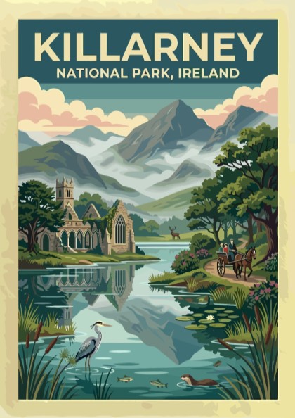 Travel poster of Killarney National Park featuring stone ruins mountains and a carriage