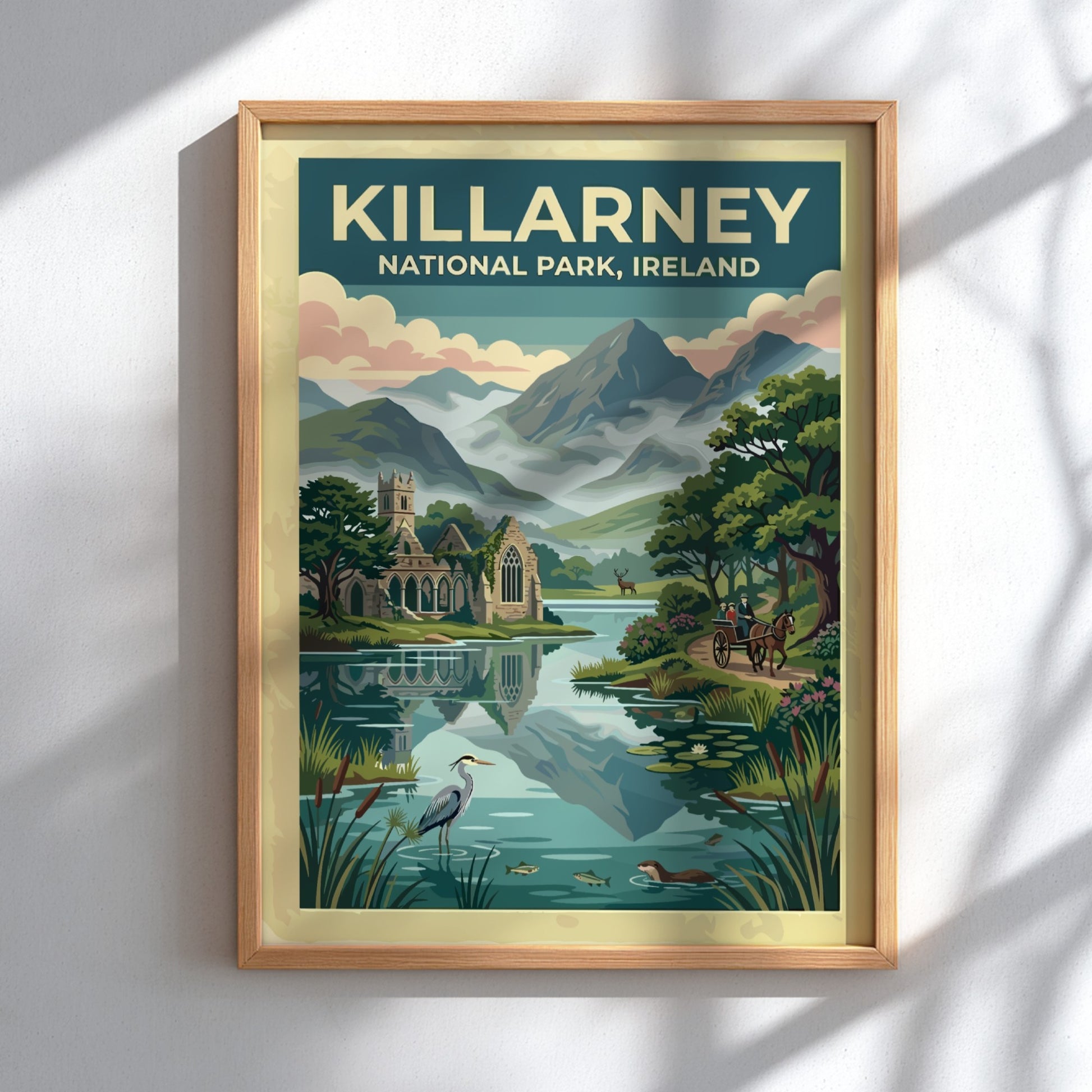 Travel poster of Killarney National Park featuring stone ruins mountains and a carriage