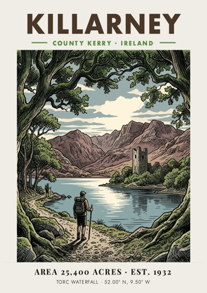 Killarney National Park poster featuring a hiker overlooking a lake and stone tower.