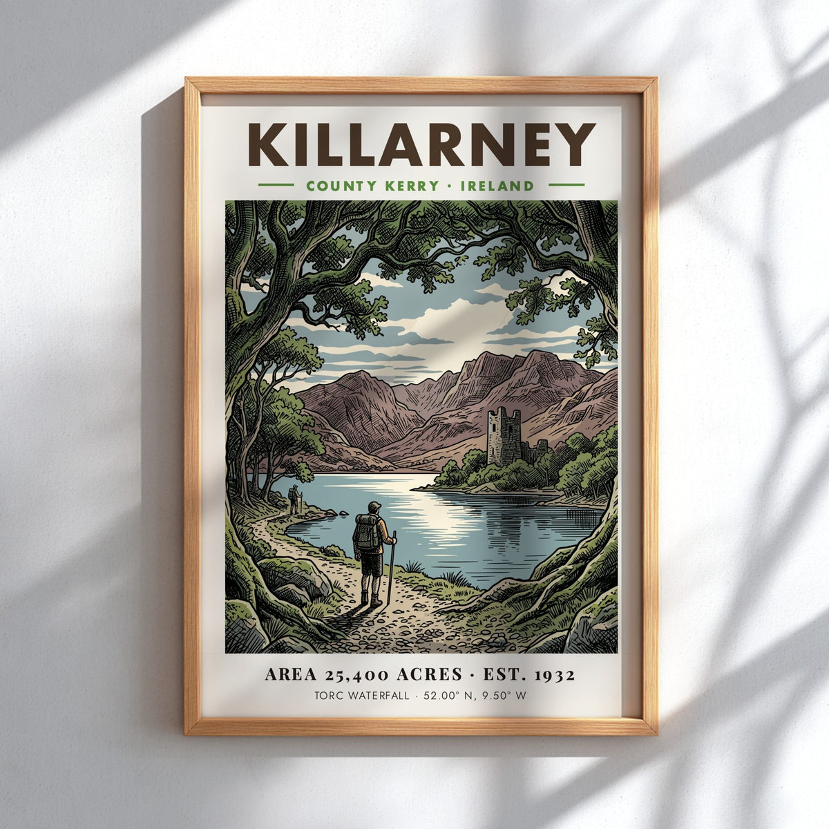 Killarney National Park poster featuring a hiker overlooking a lake and stone tower.
