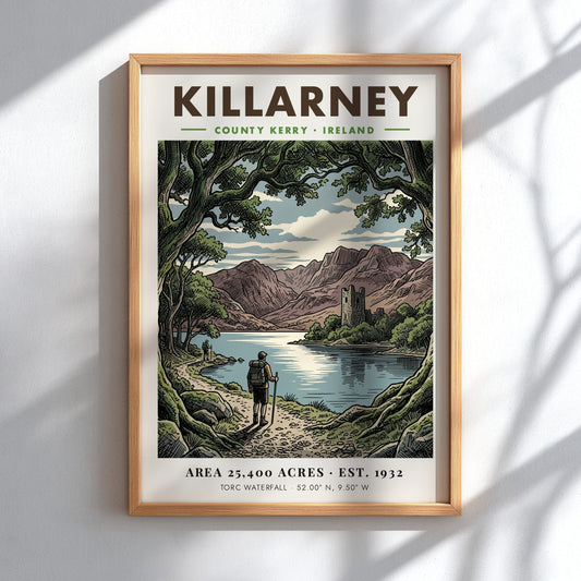Killarney National Park poster featuring a hiker overlooking a lake and stone tower.
